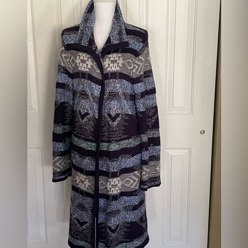 Aztec Sweater Cardigan Maxi Length Open Front Long Sleeve Spense Navy Gray Large